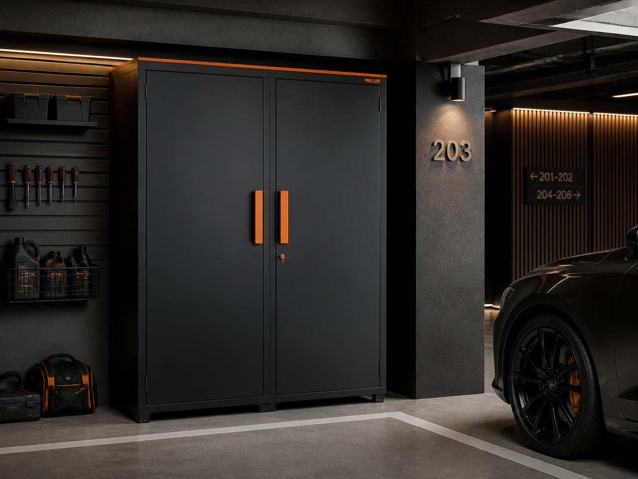 Modelo Armário de Garagem JK Duplo Premium instalado em garagem